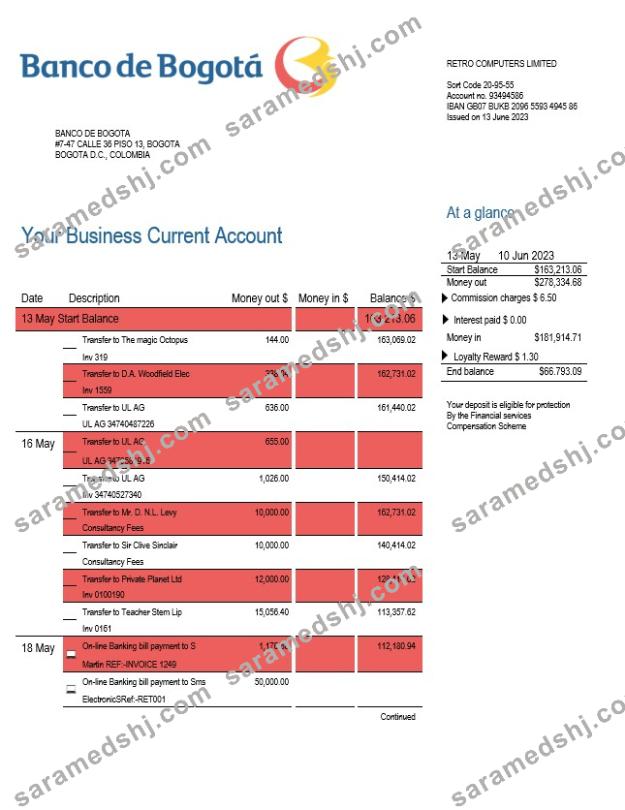 Banco de Bogotá enterprise account statement Word and PDF template